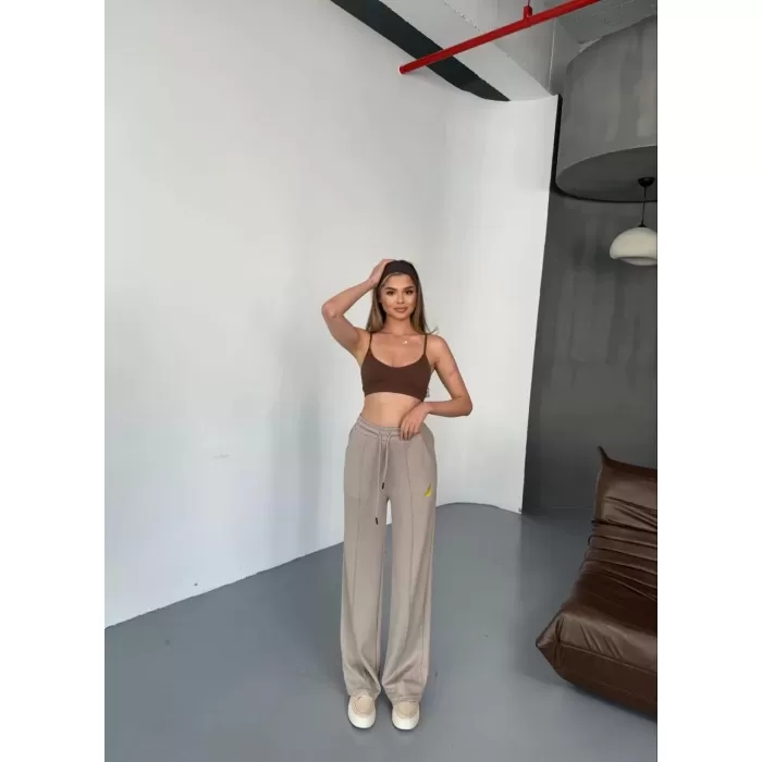 Osy Modal Yumuşak Dokulu Kumaş Nakış işlemeli Rahat Bol Paça Eşofman Pantalon - Bej