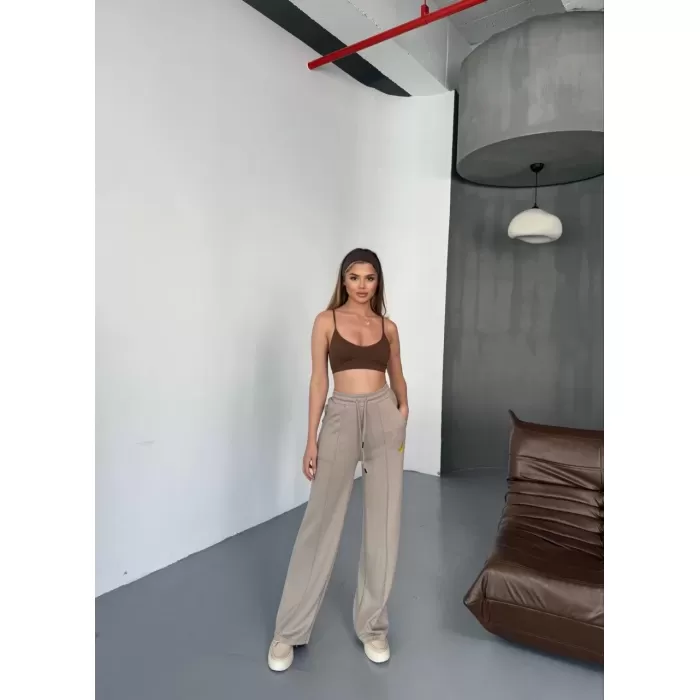 Osy Modal Yumuşak Dokulu Kumaş Nakış işlemeli Rahat Bol Paça Eşofman Pantalon - Bej
