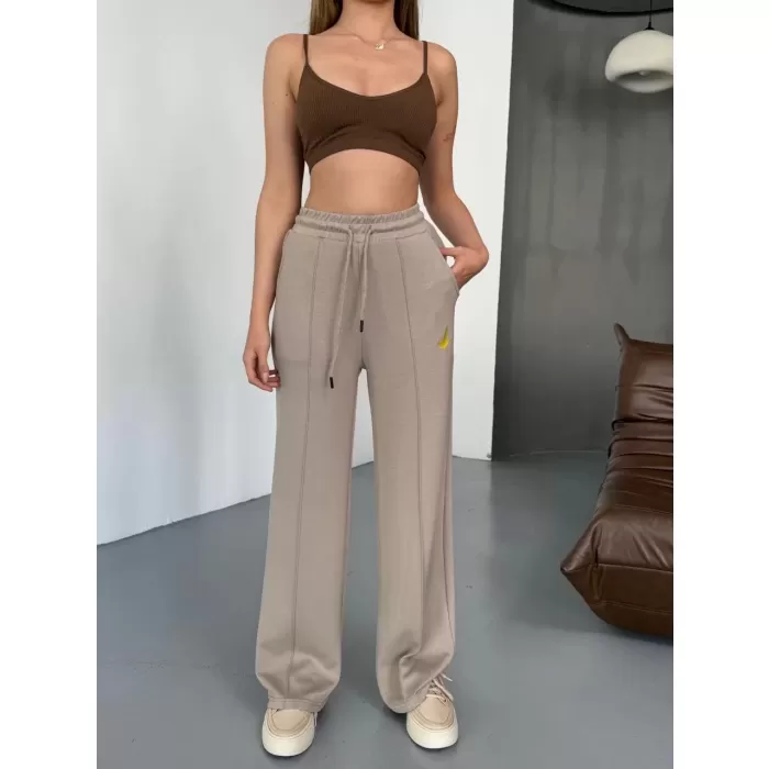 Osy Modal Yumuşak Dokulu Kumaş Nakış işlemeli Rahat Bol Paça Eşofman Pantalon - Bej