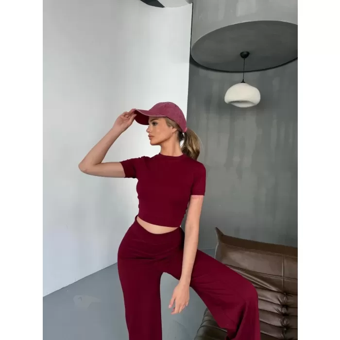 Osy Modal Yumuşak Dokulu Kumaş Kısa Kollu Crop Rahat Pantalon ikili Takım - Bordo