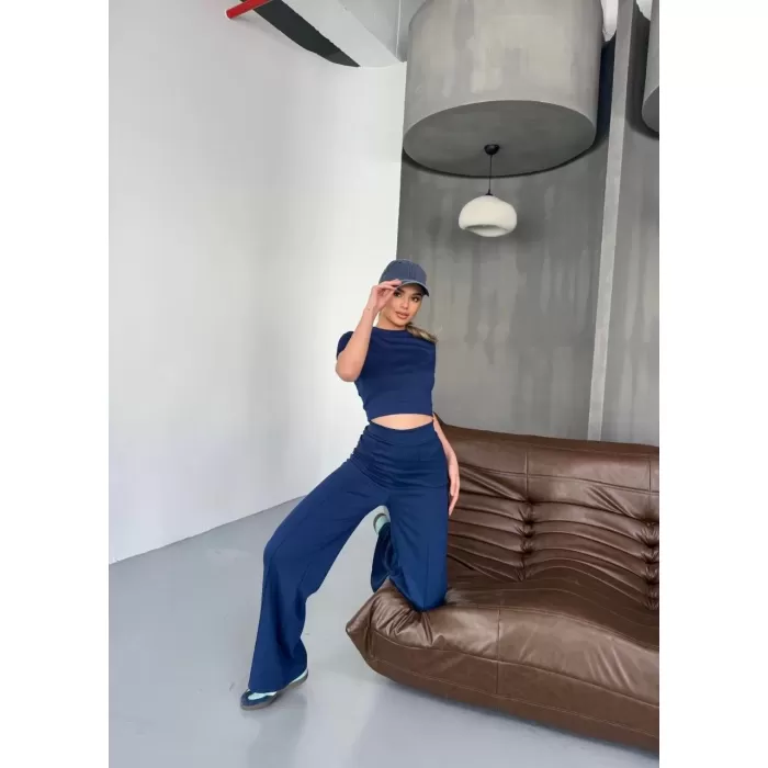 Osy Modal Yumuşak Dokulu Kumaş Kısa Kollu Crop Rahat Pantalon ikili Takım - Lacivert