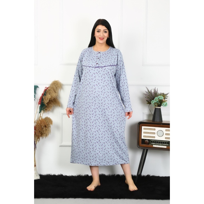 Moda Çizgi Kadın Büyük Beden Uzun Kol İndigo Anne Gecelik 1366