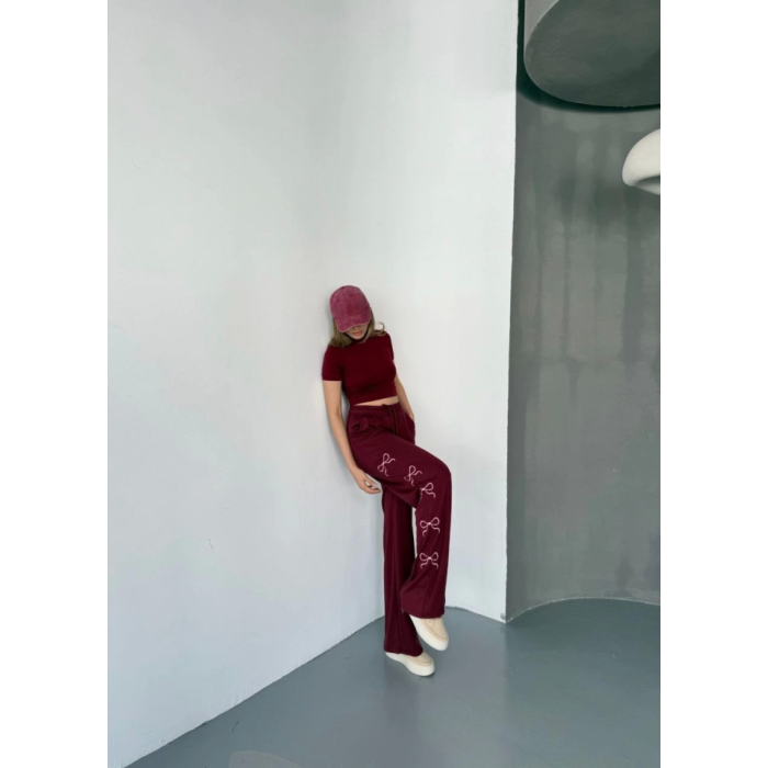 Osy Modal Yumuşak Dokulu Kumaş Nakış Işlemeli Rahat Bol Paça Eşofman Pantalon - Bordo