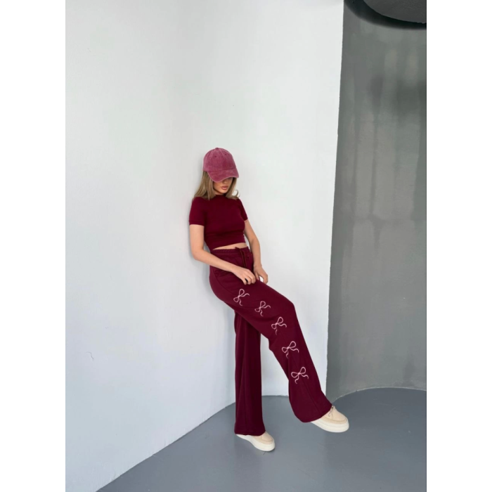 Osy Modal Yumuşak Dokulu Kumaş Nakış Işlemeli Rahat Bol Paça Eşofman Pantalon - Bordo