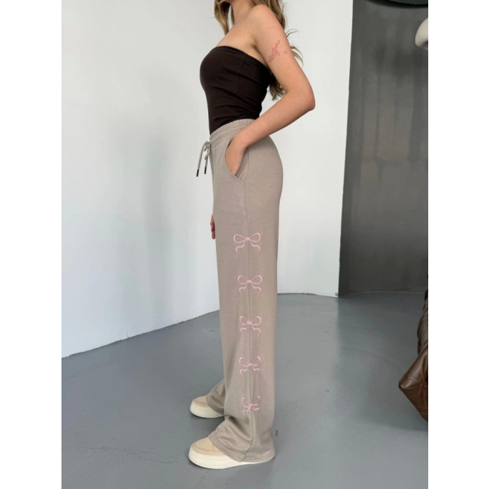 Osy Modal Yumuşak Dokulu Kumaş Nakış Işlemeli Rahat Bol Paça Eşofman Pantalon - Bej