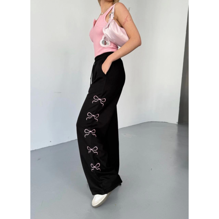 Osy Modal Yumuşak Dokulu Kumaş Nakış Işlemeli Rahat Bol Paça Eşofman Pantalon - Siyah