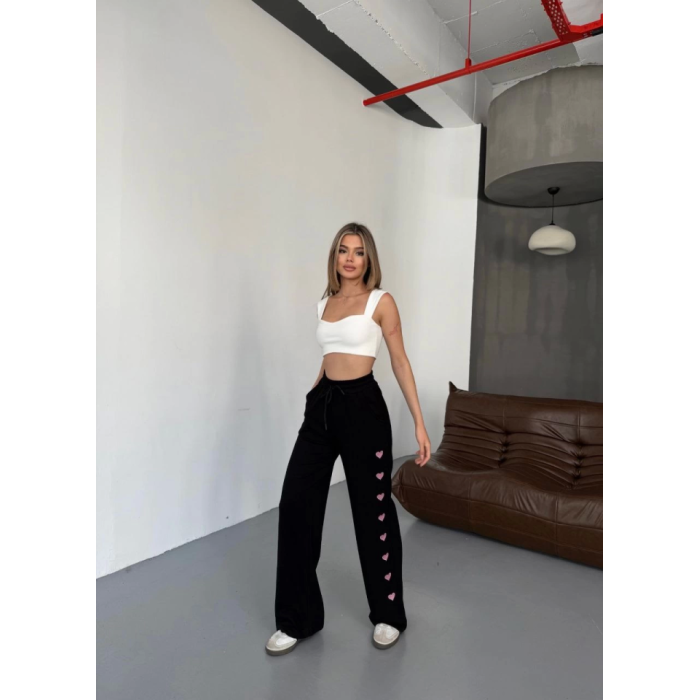 Osy Modal Yumuşak Dokulu Kumaş Nakış Işlemeli Rahat Bol Paça Eşofman Pantalon - Siyah