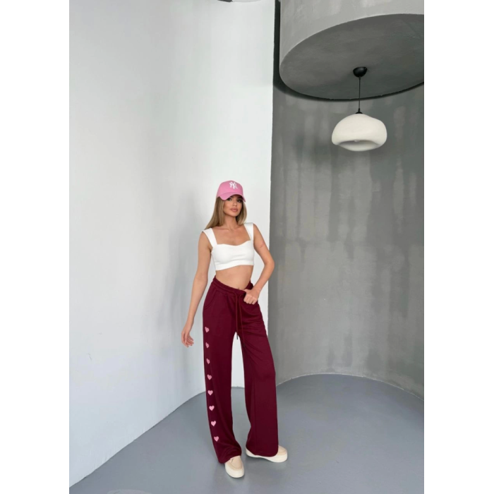 Osy Modal Yumuşak Dokulu Kumaş Nakış Işlemeli Rahat Bol Paça Eşofman Pantalon - Bordo