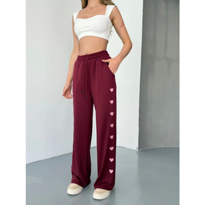 Osy Modal Yumuşak Dokulu Kumaş Nakış Işlemeli Rahat Bol Paça Eşofman Pantalon - Bordo
