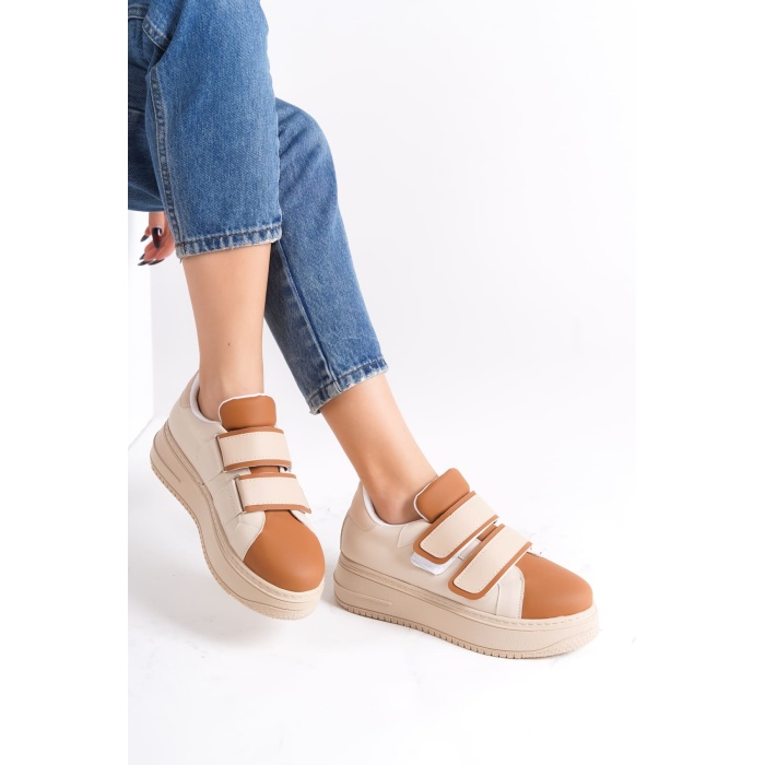 VALENCIA Bağcıksız Cırt Cırtlı Ortopedik Taban Kadın Sneaker Spor Ayakkabı TT - Ten/Kahve