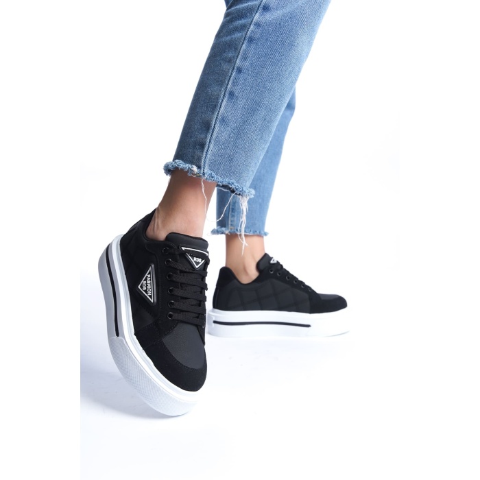PRAG Bağcıklı Ortopedik Taban Desenli Kadın Sneaker Spor Ayakkabı  BT - Siyah