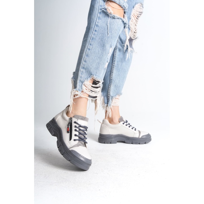 AGATHA Bağcıklı Fermuarlı Ortopedik Taban Kadın Sneaker Spor Ayakkabı GT - Krem