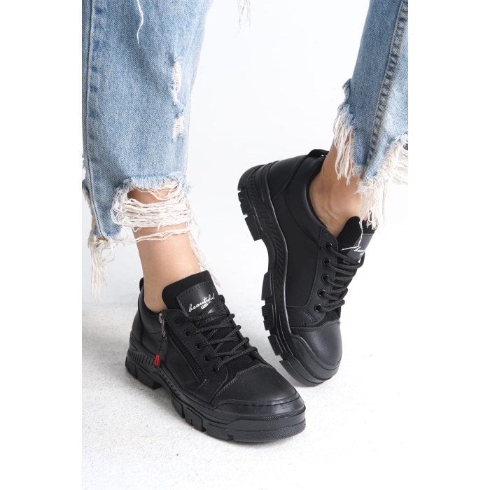 AGATHA Bağcıklı Fermuarlı Ortopedik Taban Kadın Sneaker Spor Ayakkabı ST - Siyah