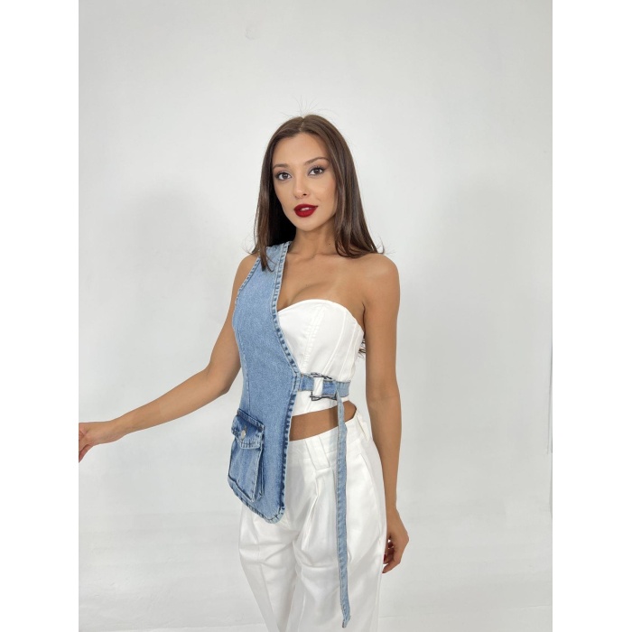 6838 ASYMMETRIC DENIM VEST-MAVİ