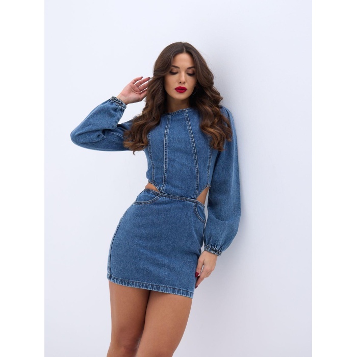 6834 WINDOWED DENIM DRESS-MAVİ