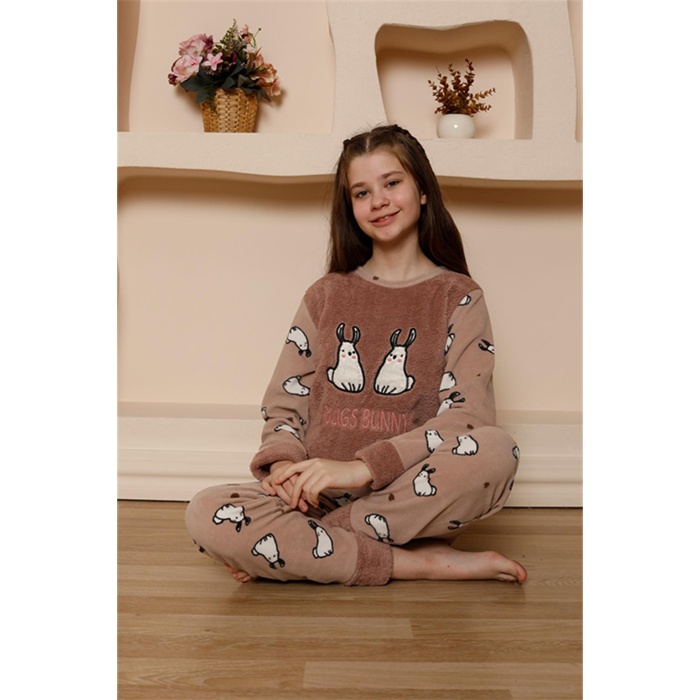 Moda Çizgi Kız Çocuk WelSoft Polar Vizon Pijama Takımı  24