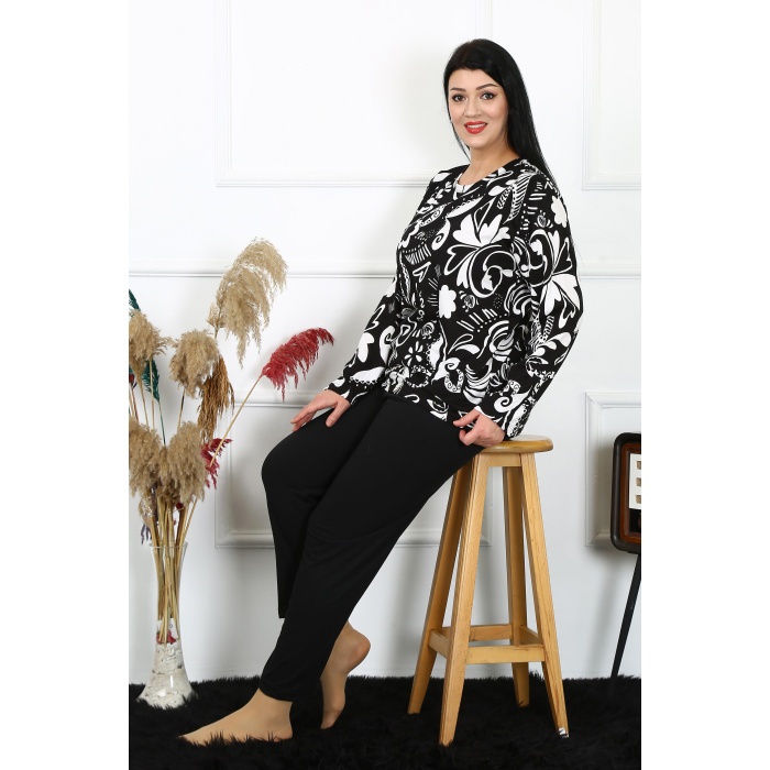 Moda Çizgi Kadın Büyük Beden Penye Uzun Kol Pijama Takım  217