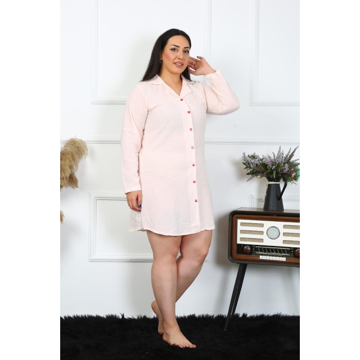 Moda Çizgi Kadın Büyük Beden Pamuk Dokuma Düğmeli Uzun Kol Pembe Tunik Gecelik 12201