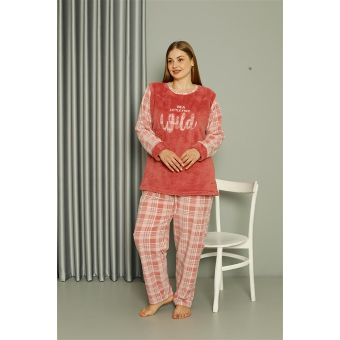 Moda Çizgi Welsoft Polar Kadın Büyük Beden Pudra Pijama Takımı 808040
