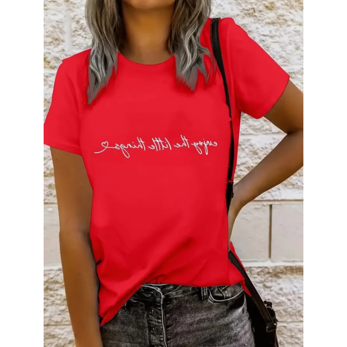 Kadın Kısa Kollu önü Yazı Baskılı Basic Süprem Bluz