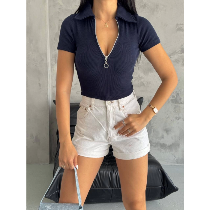 kaşkorse yaka fermuarlı bluz lacivert