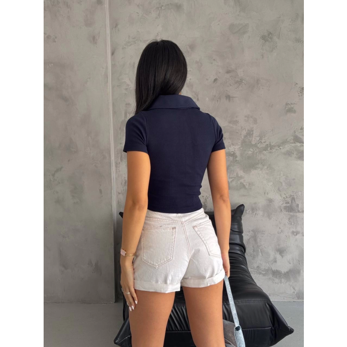 kaşkorse yaka fermuarlı bluz lacivert