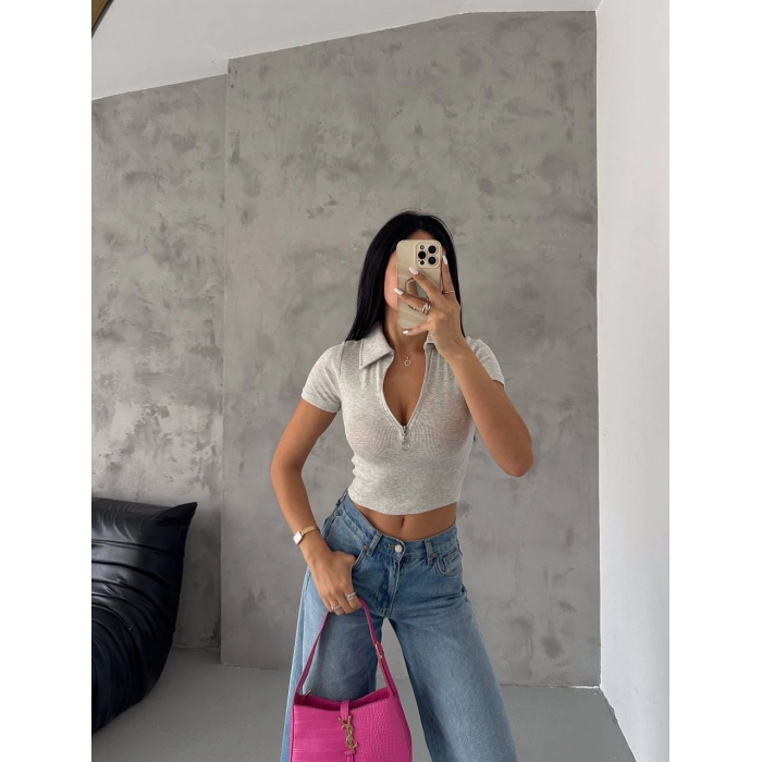 kaşkorse yaka fermuarlı bluz gri
