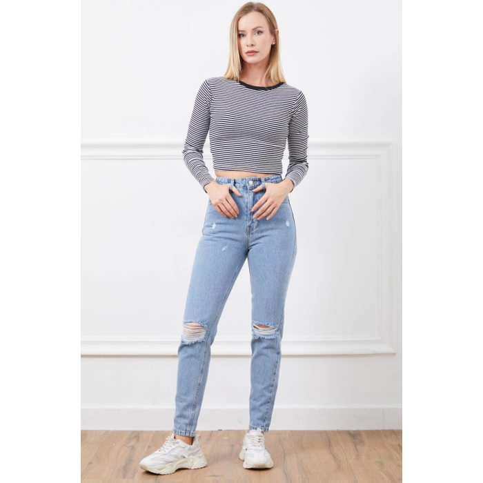 Yüksek bel yırtmaçlı mom jean pantolon