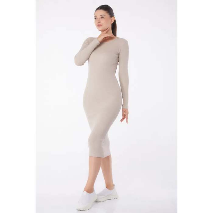 Düz Bisiklet Yaka Kadın Midi Elbise