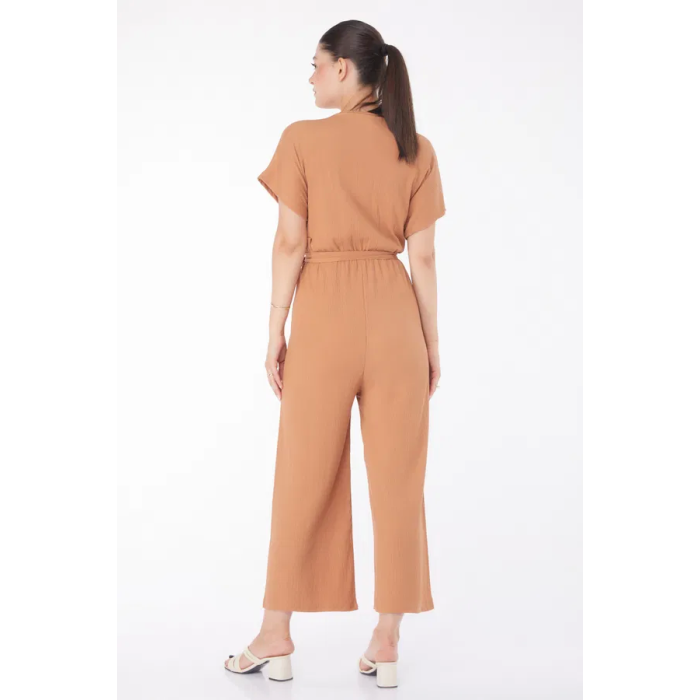 Kruvaze Yaka Kadın Vizon Kuşaklı Tulum