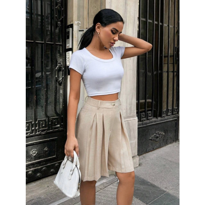 Pileli keten şort S24291