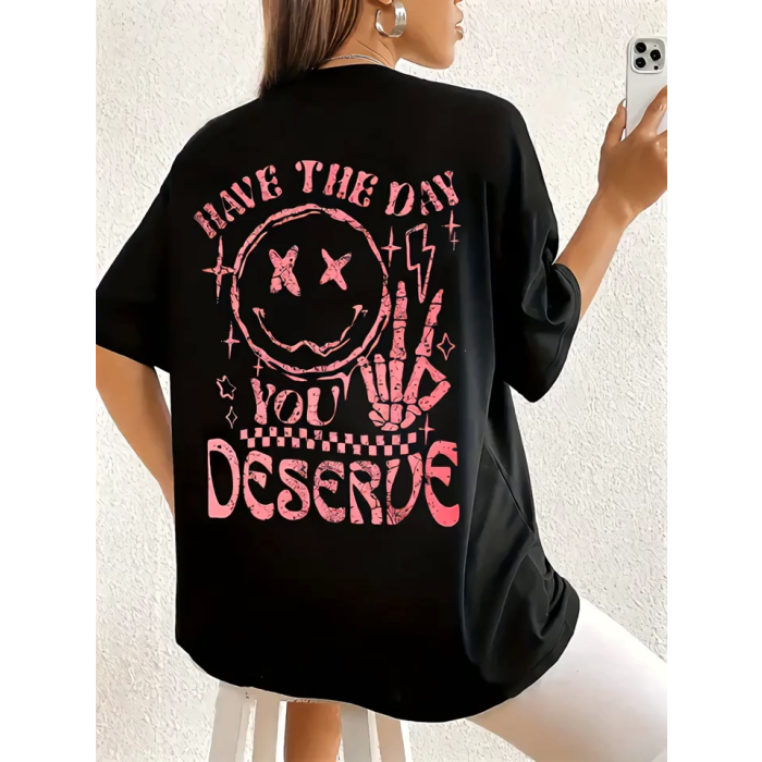 Baskılı Oversize Bisiklet Yaka T-shirt - Siyah