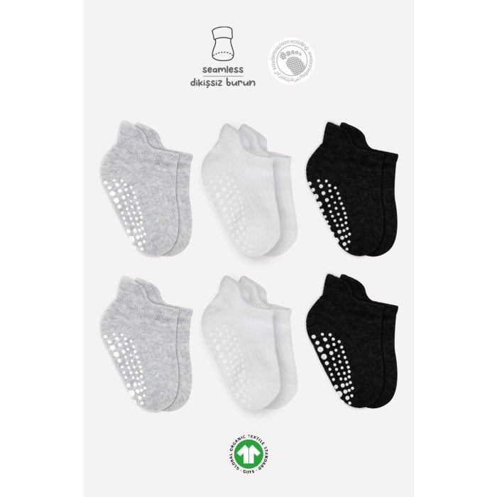 Bistyle 6Lı Sneakers Kaymaz Penye Çorap BS20102 Gri Beyaz Siyah