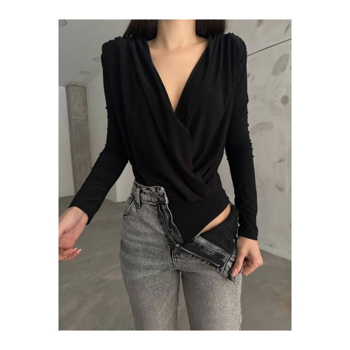 Siyah Kruvaze Yaka Vatkalı Bodysuit