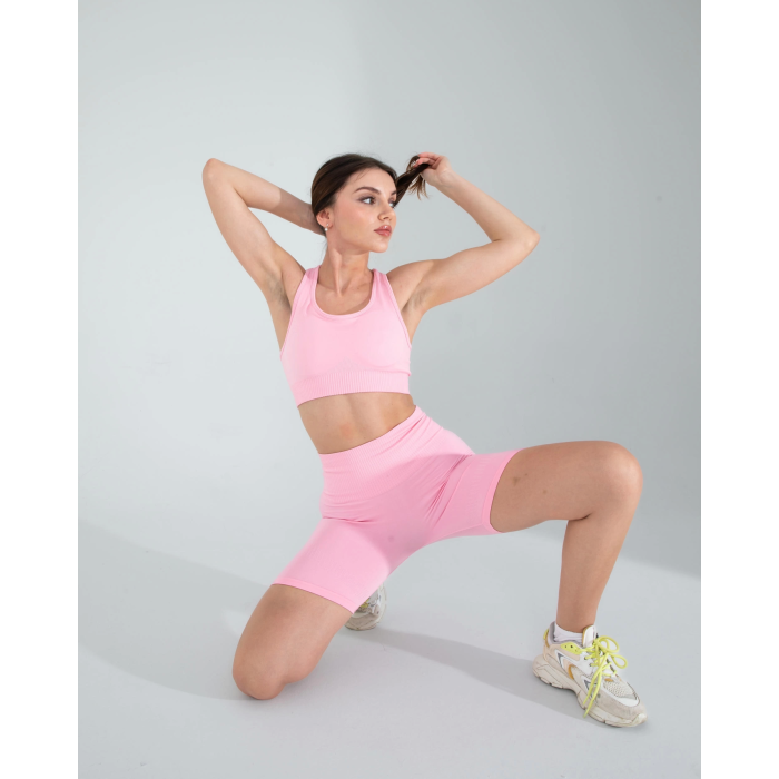 Pembe Seamless Dikişsiz Biker Tayt Crop Takım