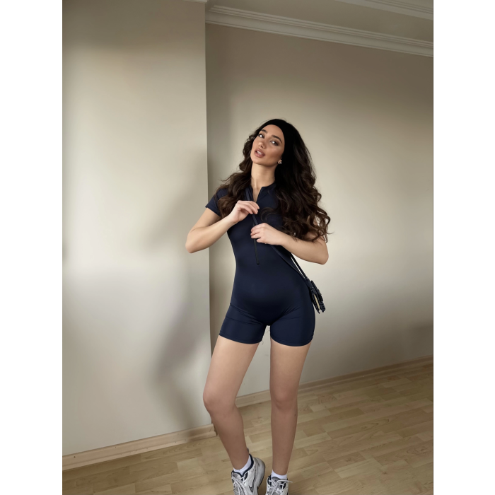 Lacivert Fermuarlı Şort Tulum
