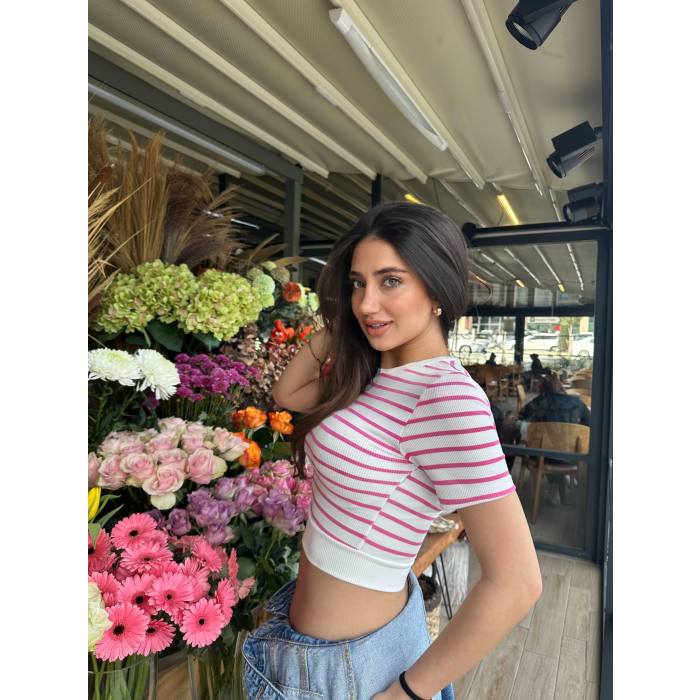 Fuşya Çizgili Manşet Detay T-Shirt