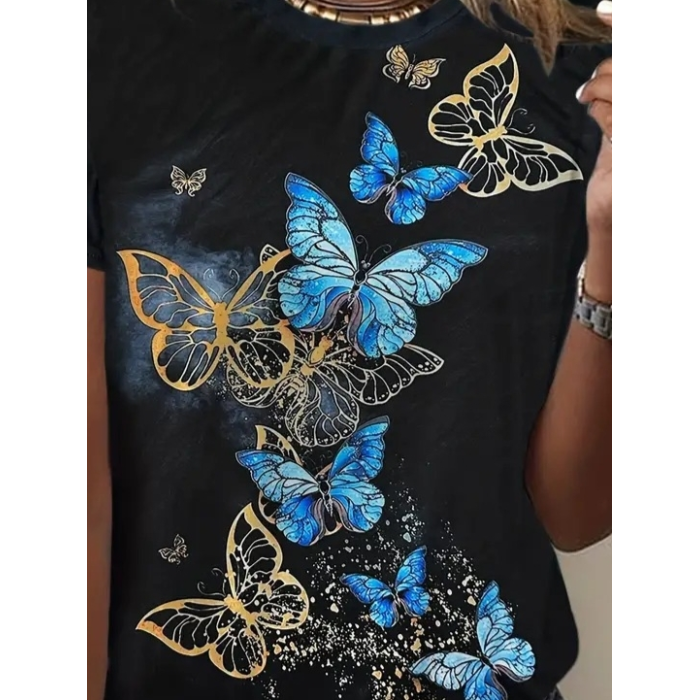 Kadın Kısa Kollu Mavi Sarı Kelebek Baskı Süprem Bluz