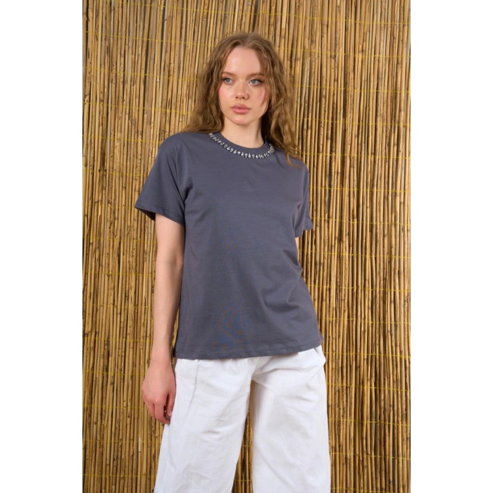 Yakası Taşlı Tshirt - Füme