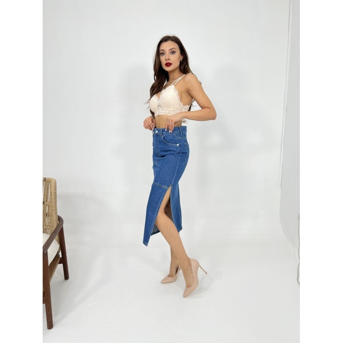 6900 SLIPPED MIDI SKIRT-MAVİ