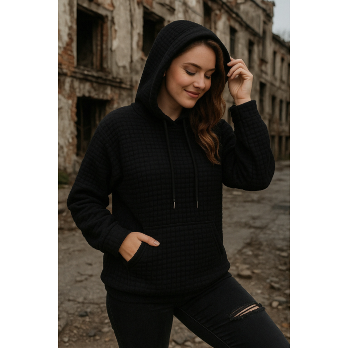 Kadın Uzun Kollu Kapşonlu Bağcıklı Cepli Capitone Sweatshirt