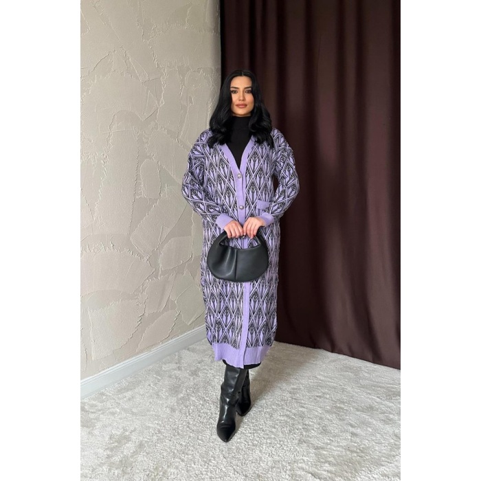 Lila Düğmeli Triko Hırka