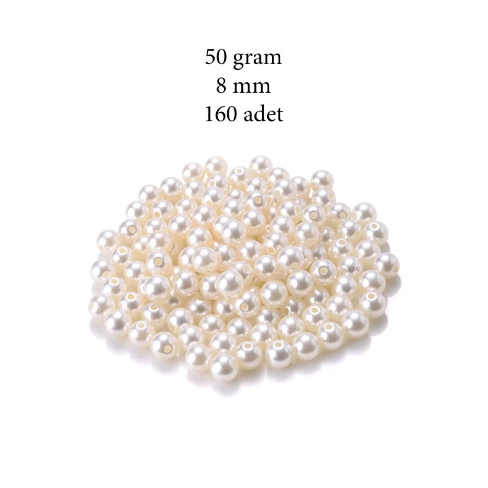 50 gram 8mm Krem Renk Plastik İnci Boncuk Çanta ve Takı Yapım Boncuğu (~160 adet)