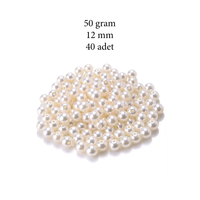 50 gram 12mm Krem Renk Plastik İnci Boncuk Çanta ve Takı Yapım Boncuğu (~40 adet)