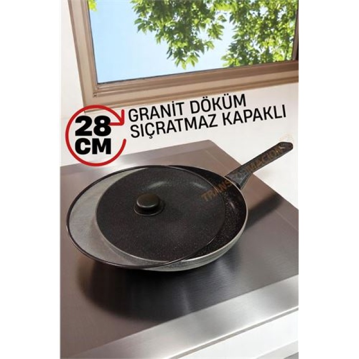 ModaCar Granit Döküm Tava Yağ Sıçratmaz Kapaklı -Yapışmaz Taban 28 Cm