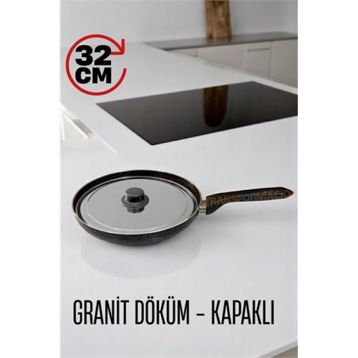 ModaCar Granit Döküm Tava Paslanmaz Çelik Kapaklı -Yapışmaz Taban 32 Cm