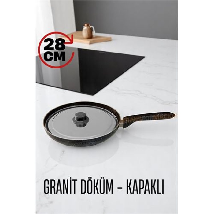 ModaCar Granit Döküm Tava Paslanmaz Çelik Kapaklı -Yapışmaz Taban 28 Cm