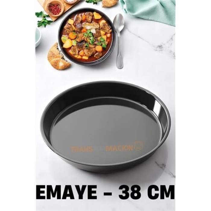 ModaCar Emaye Fırın Tepsisi Siyah - Yuvarlak Emaye Fırın Tepsisi 38 Cm