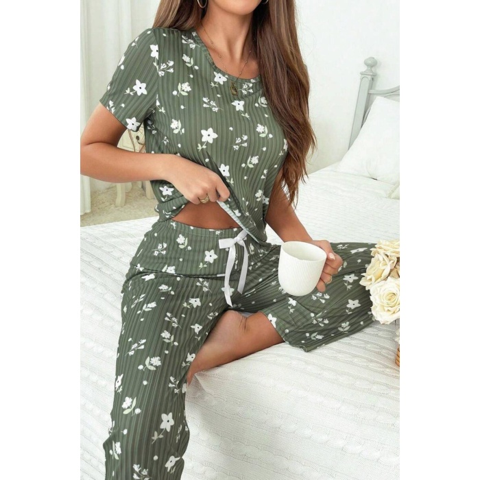 Yeşil Fitilli Floral Kısa Kollu Pijama Takımı 7303