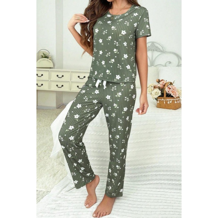Yeşil Fitilli Floral Kısa Kollu Pijama Takımı 7303